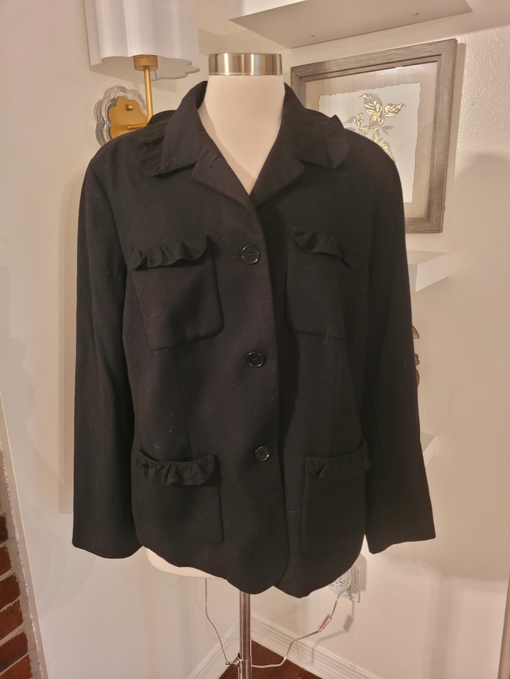Classic Black Women's Jacket with Ruffle Pocket Detail